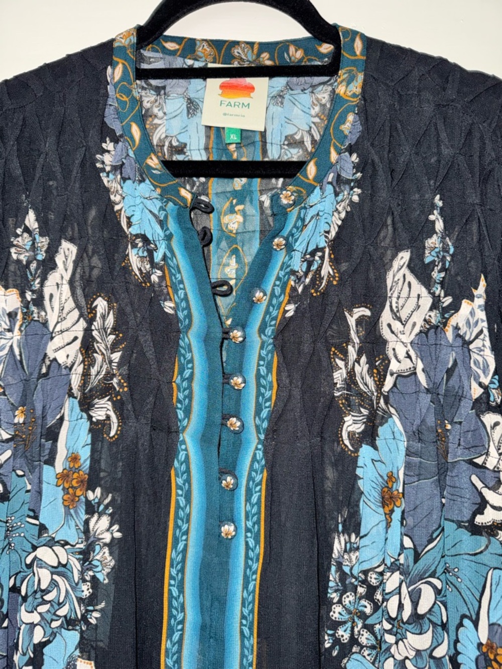 EUC FARM Rio Black Tunic with Teal and Blue Floral Trim - Picture 2 of 6